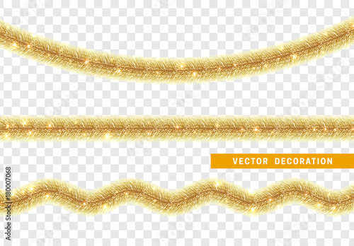 Christmas traditional decorations golden tinsel. Xmas ribbon garland isolated realistic decor element