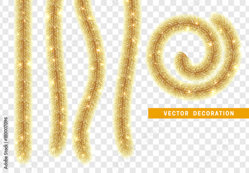 Christmas traditional decorations golden tinsel. Xmas ribbon garland isolated realistic decor element