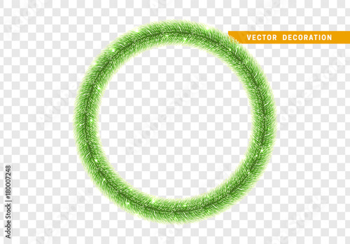Christmas traditional decorations, green lush tinsel. Xmas circle wreath garland, isolated realistic decor element