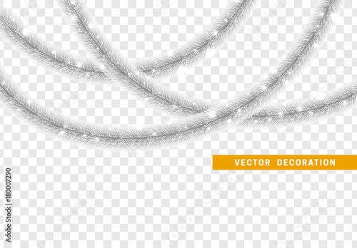 Christmas traditional decorations silver tinsel. Xmas ribbon garland isolated realistic decor element