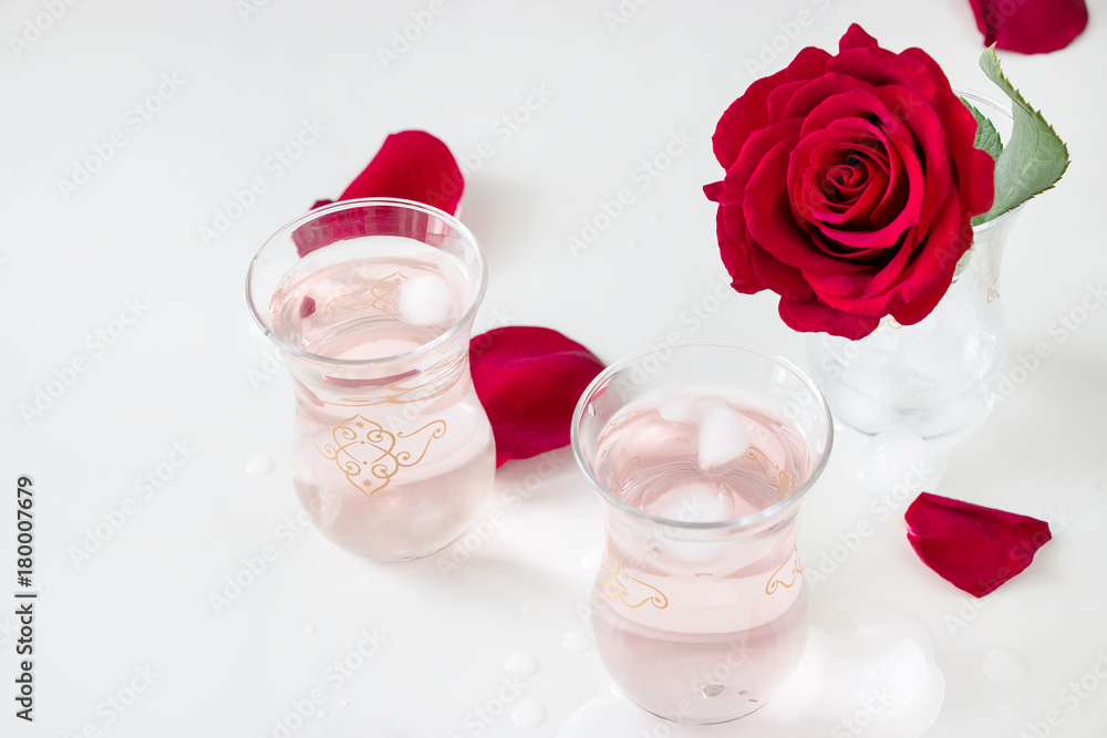 Two Cup Refreshing Rose Water Lemonade With Ice Cubes And Rose Flower In Glass And Petals On White Background Selective Focus Stock Photo Adobe Stock