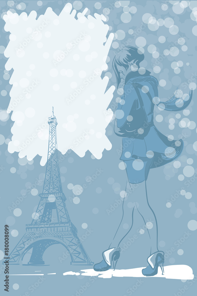 Winter graphic design with Eiffel tower and a young beautiful girl, walking through the snow. EPS 10 vector illustration.