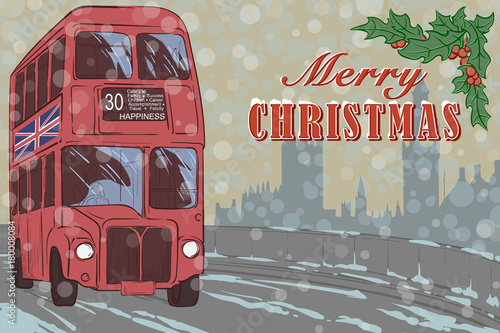 Foto Christmas greeting card with famous red London double-decker bus and holy branch
