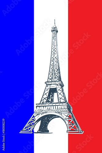 Fototapeta Naklejka Na Ścianę i Meble -  Eiffel Tower drawn in a simple sketch style. Isolated contour on the french national flag tricolor. EPS8 vector illustration
