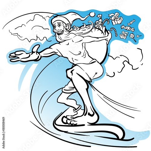 Careless slim Santa surfing the wave and loosing the gifts from his huge sack. EPS8 vector illustration.