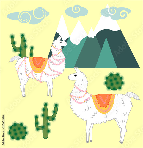 Two Llama, alpaca of white color, with bright saddles on the background of mountains, cacti, clouds