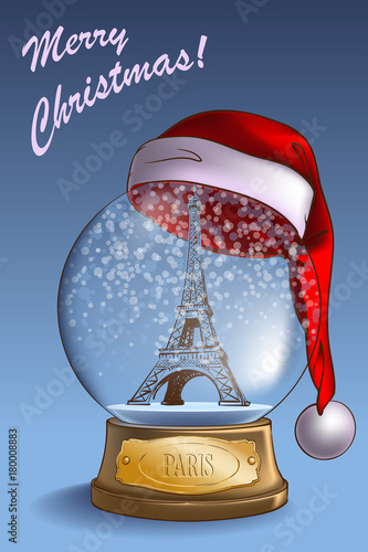 A realistic Snow Globe with a sketchy Eiffel Tower model inside and Santa hat on top. Christmas greeting card  design. EPS10 vector illustration.