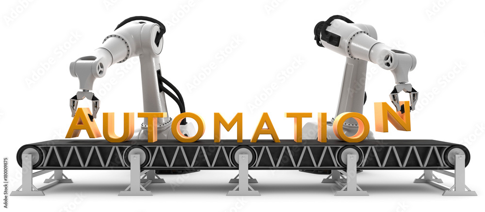Industrieroboter am Förderband Automation - obrazy, fototapety, plakaty 
