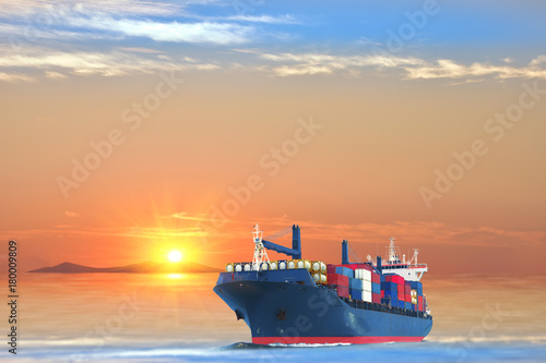 ship with container vessel carry big tank shipping goods on blue sky