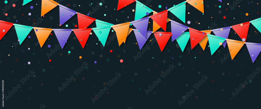 Fototapeta premium Bunting flags garland. Exquisite celebration card. Bright holiday decorations and confetti. Bunting flags garland vector illustration.