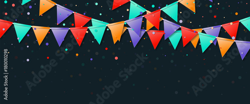 Bunting flags garland. Exquisite celebration card. Bright holiday decorations and confetti. Bunting flags garland vector illustration.