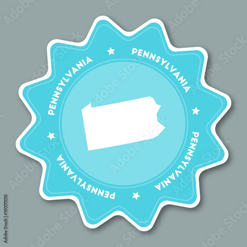 Pennsylvania map sticker in trendy colors. Travel sticker with US state name and map. Can be used as logo, badge, label, tag, sign, stamp or emblem. Travel badge vector illustration.