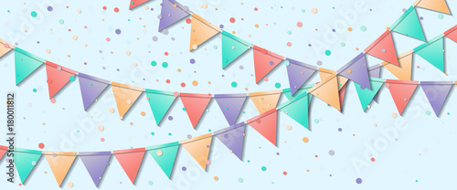 Bunting flags. Lively celebration card. Colorful holiday decorations and confetti. Bunting flags vector illustration.