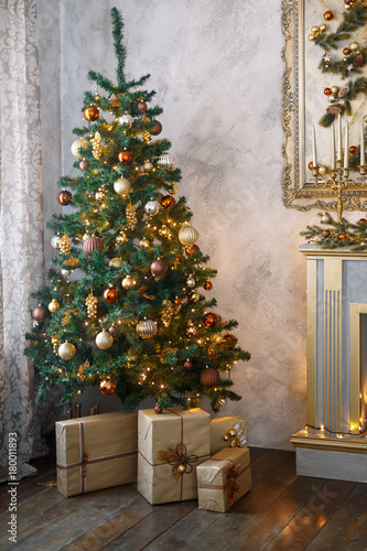 Beautiful holdiay decorated room with Christmas tree