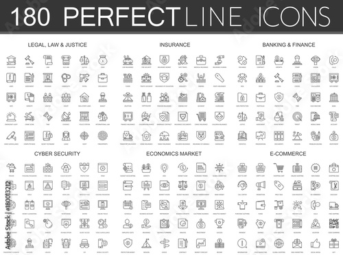180 modern thin line icons set of legal, law and justice, insurance, banking finance, cyber security, economics market, e commerce.