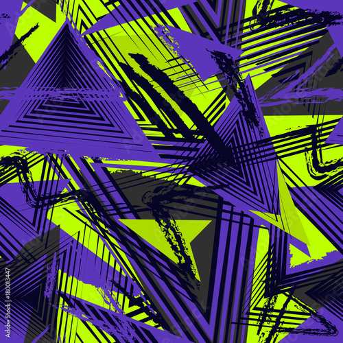 Abstract seamless geometric pattern, colorful sport style. Grunge urban art texture with chaotic lines, triangles, brush strokes. Grunge urban art texture. Sport pattern.