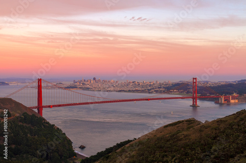 Sunset Over Golden Gate Bridge and San Francisco city Skyline in California USA