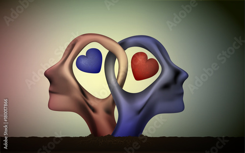 marriage icon, people head in love, blue man and red woman heads in love, surrealistic romantic dream, together forever,