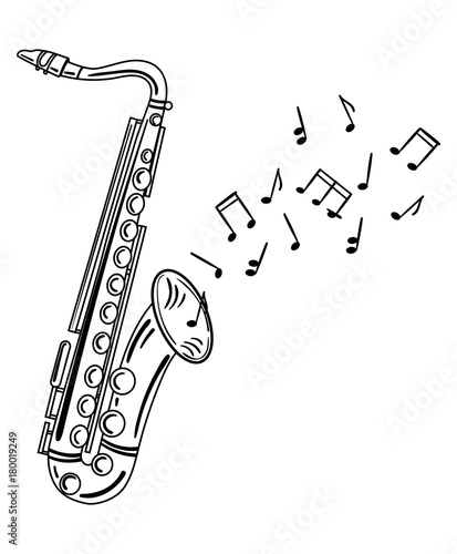 Saxophone playing melody. Wind musical instrument with notes. Jazz emblem. Black and white illustration of a wind musical instrument.
