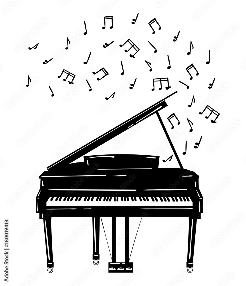 Vector illustration of a piano with notes. Keyboard musical instrument.  Stylized grand piano issuing sound. Musical emblem. Black and white logo.  vector de Stock | Adobe Stock