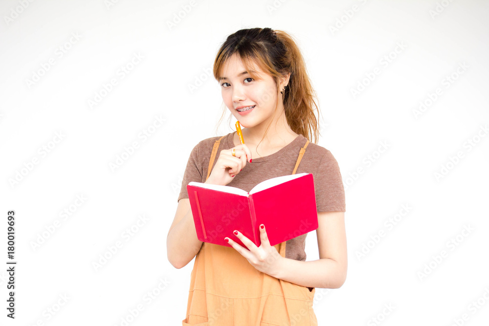 Beautiful young adult thai chinese bronze hair read red book Beautiful young adult thai chinese bronze hair read red book