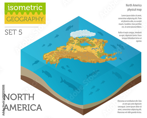 Isometric 3d North America physical map elements. Build your own geography info graphic collection