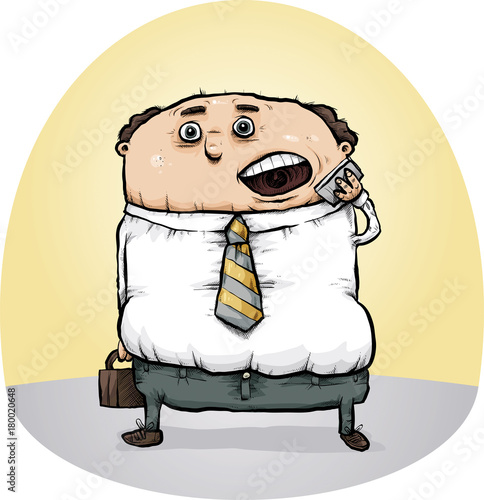 A cartoon businessman standing and talking on a mobile smartphone while holding a briefcase.