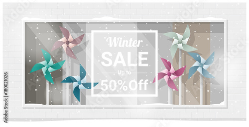 Winter sale window display with colorful pinwheels background , vector , illustration