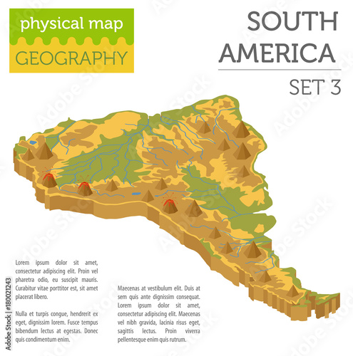 Isometric 3d South America physical map elements. Build your own geography info graphic collection