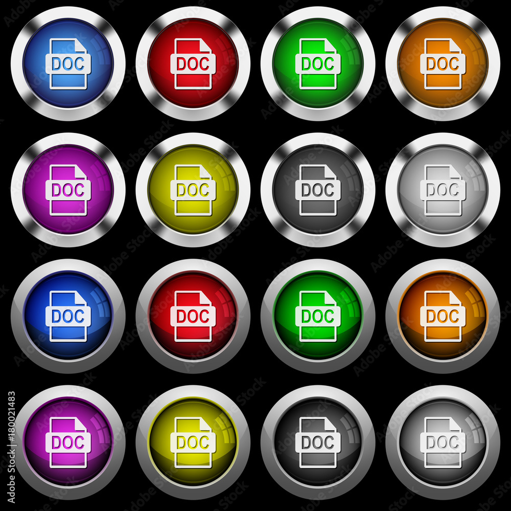 DOC file format white icons in round glossy buttons on black background DOC file format white icons in round glossy buttons on black background