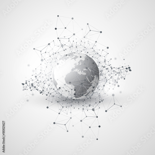 Abstract Cloud Computing and Global Network Connections Concept Design with Transparent Geometric Mesh, Earth Globe - Illustration in Editable Vector Format