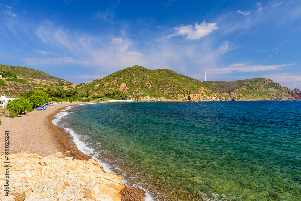 Lambi beach is a picturesque beach on the island of Patmos, Greece