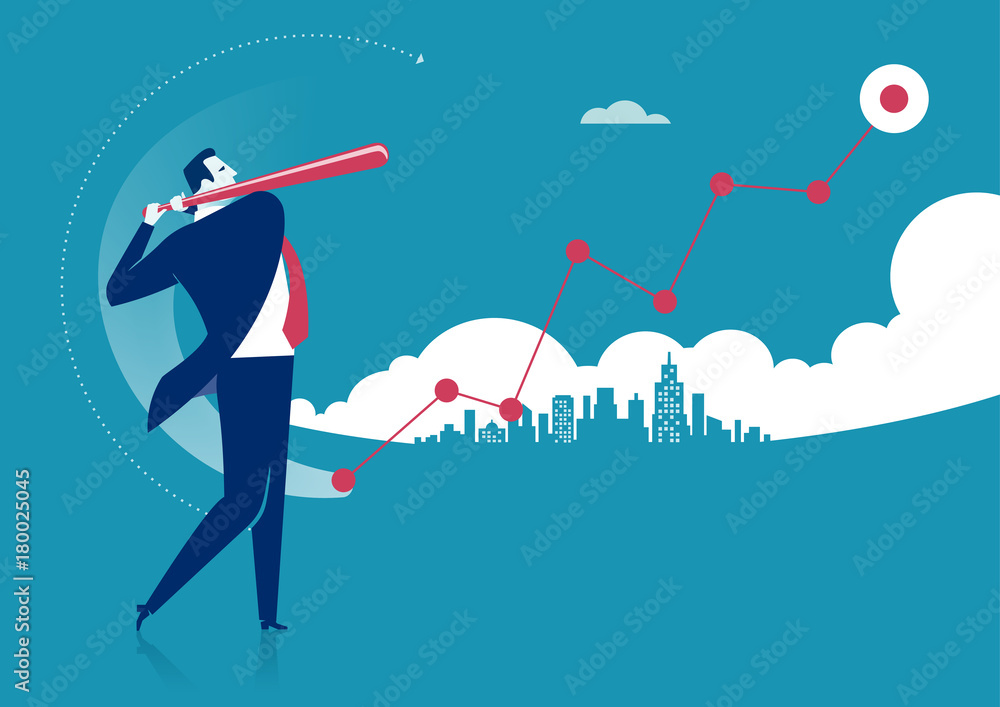 Hit. Manager hits a ball creating rising business chart. Concept business vector illustration Hit. Manager hits a ball creating rising business chart. Concept business vector illustration