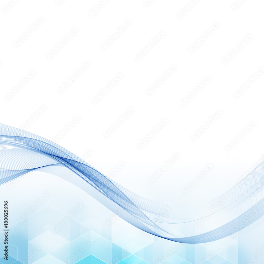 Transparent blue wave on light background with hexagons.