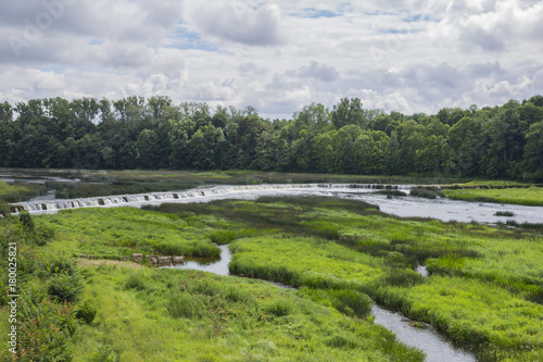 landscape, river, green, nature, sky, clouds, water, countryside, bridge, summer, waterfall, travel, latvia, europe, kuldiga,