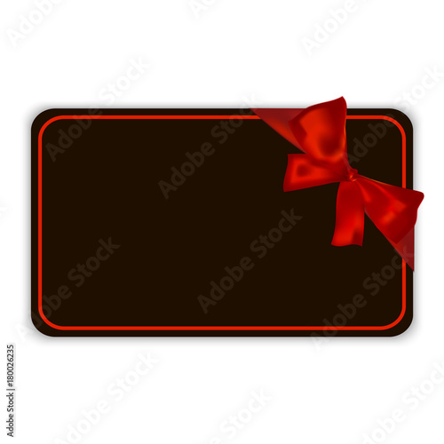 Black empty gift card template with red ribbon and a bow, isolated on white background, vector illustration.