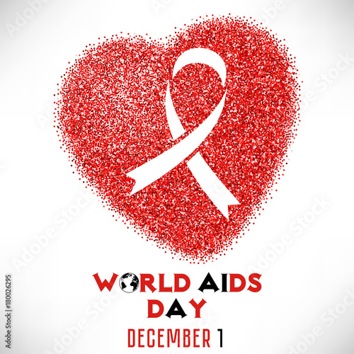 Shape of heart from red glitter with ribbon inside. World AIDS day in December 1 on white background. Vector illustration