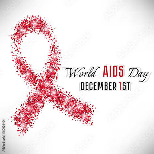 Shape of red ribbon from shiny glitter on white background. World AIDS day in December 1. Vector illustration