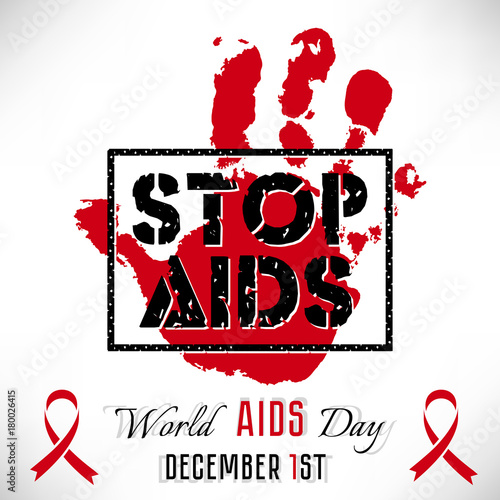 Shape of red hand and stamp Stop AIDS on white background. World AIDS day in December 1. Vector illustration