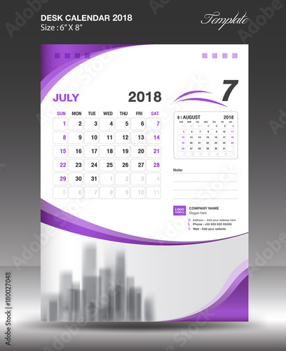 JULY Desk Calendar 2018 Template design flyer vector, business brochure layout, Size 6x8 inch vertical