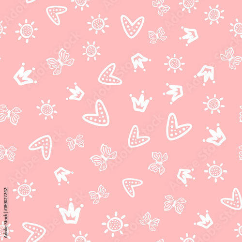 Sun, butterflies, hearts and crowns drawn by hand. Cute girly seamless pattern. Sketch, doodle. White outlines on pink background.