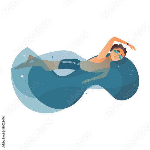 vector cartoon young teen boy swimming in stylized water pool in goggles, watches. Male man athlete in sport clothing training. Isolated illustration on a white background.