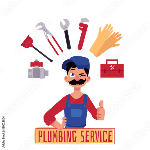 vector cartoon man blumber in working uniform, cap and mustache showing thumbs up, winking plumbing service inscription and tools and equipment set. isolated illustration, white background