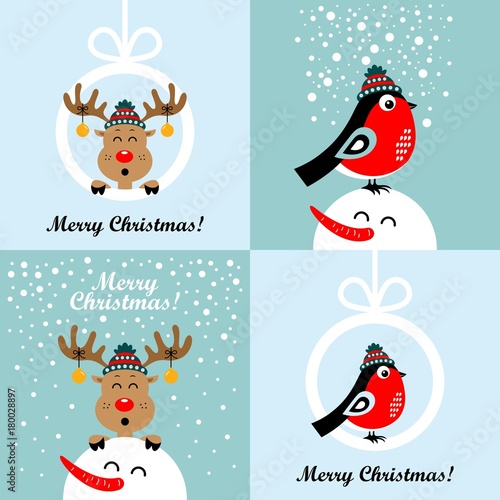 Collection of Christmas cards with cartoon deer and bullfinches. Vector illustrations