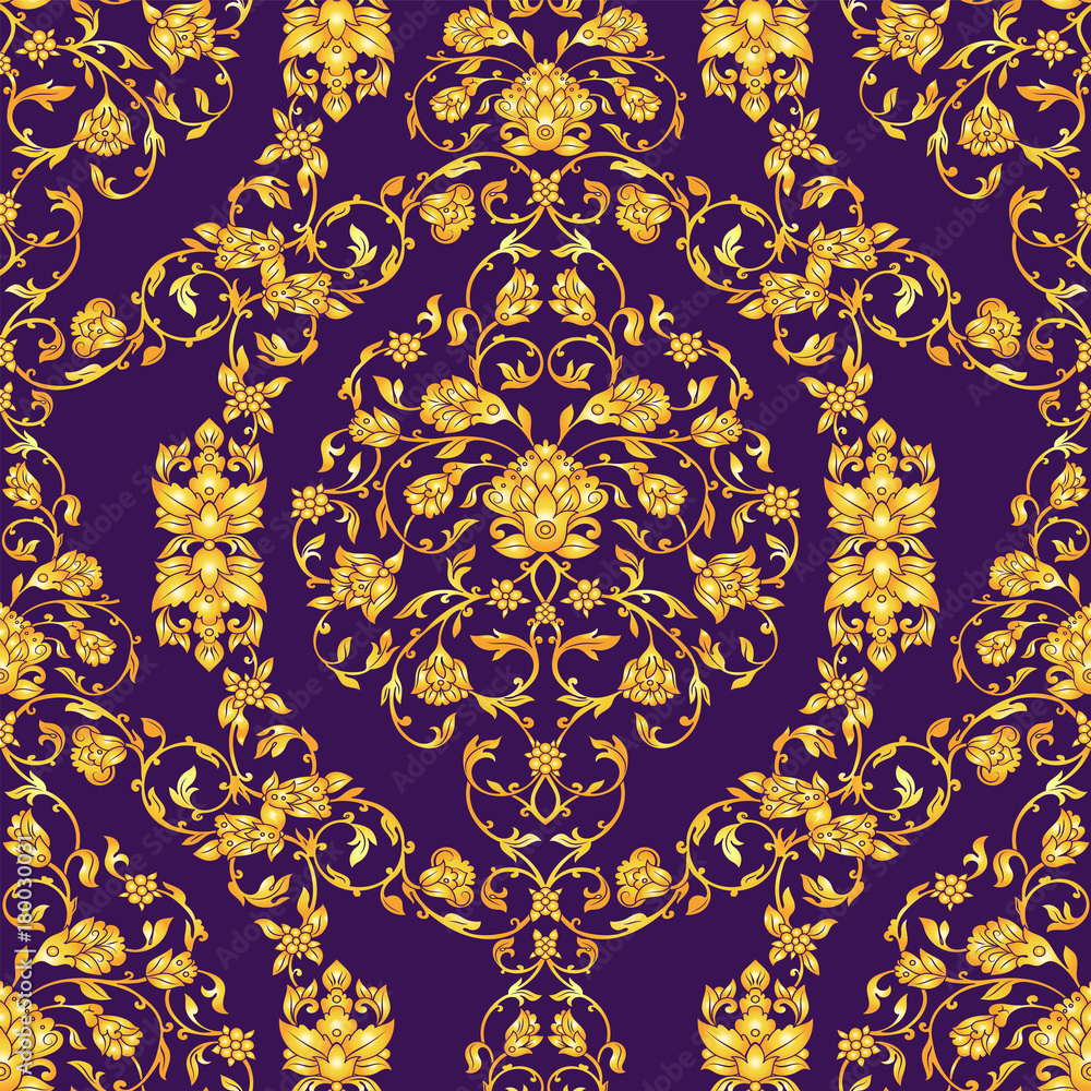 Vector ornate seamlesspattern in Eastern style on deep violet background. Ornamental vintage floral decoration for wedding invitations and greeting cards. Traditional gold decor. Vector ornate seamlesspattern in Eastern style on deep violet background. Ornamental vintage floral decoration for wedding invitations and greeting cards. Traditional gold decor.