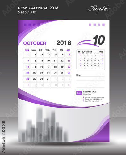 OCTOBER Desk Calendar 2018 Template design flyer vector, business brochure layout, Size 6x8 inch vertical