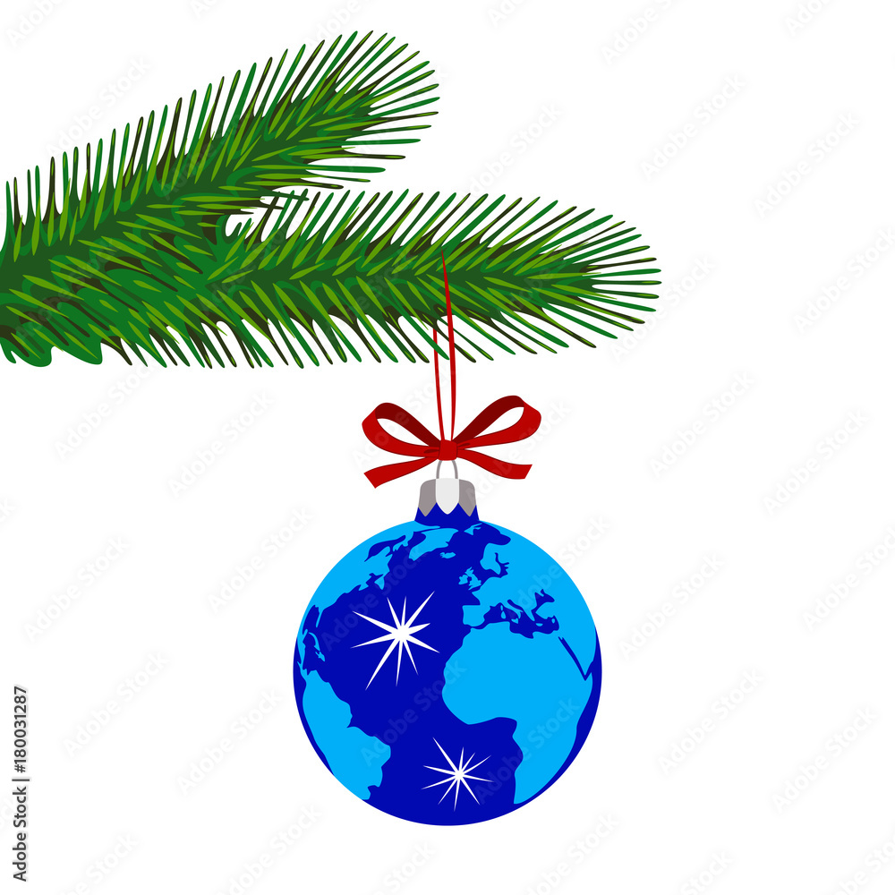 Blue Christmas Ball Decorated with Globe Hanging on Fir Tree Branch. Merry Christmas and New Year Holiday. Concept Xmas Card Vector Illustration Isolated on White Background. Blue Christmas Ball Decorated with Globe Hanging on Fir Tree Branch. Merry Christmas and New Year Holiday. Concept Xmas Card Vector Illustration Isolated on White Background.