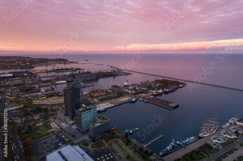 Port of Gdynia at sunset, top view