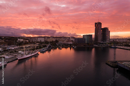 Port of Gdynia at sunset, top view