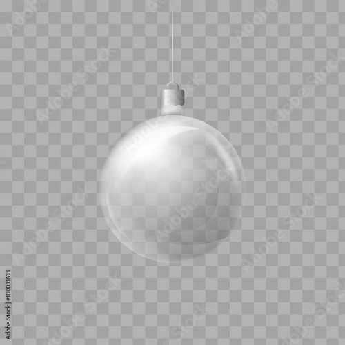 Template of glass transparent Christmas ball. Stocking element christmas decorations. Transparent vector object for design  mock-up. Shiny toy with silver glow. Isolated object. Vector illustration.